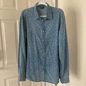 Just Cavalli Leopard Prints Blue Denim Snap Button Long Sleeve Shirt
